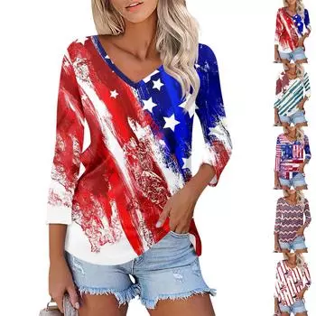 Женская модная повседневная свободная футболка с v-образным вырезом и рукавами 3/4 с принтом, женский топ L синий