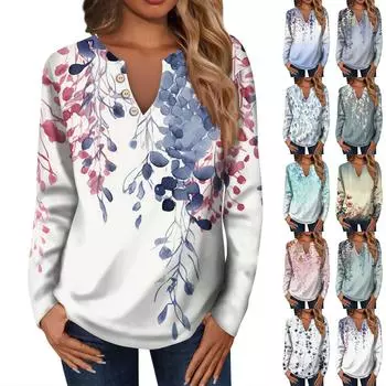 Женская модная повседневная свободная футболка с v-образным вырезом и длинным рукавом, женский топ с декоративными пуговицами M разноцветный