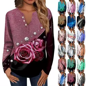 Женская модная повседневная свободная футболка с v-образным вырезом и длинным рукавом, женский топ с декоративными пуговицами L серебряный