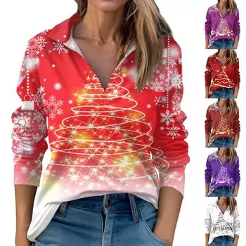 Женская модная повседневная свободная футболка с V-образным вырезом и рождественским принтом, длинный рукав M белый