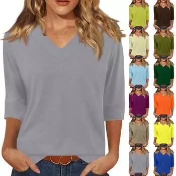 Женская модная повседневная свободная футболка с v-образным вырезом и рукавами 3/4 с принтом, женский топ L армия зеленый