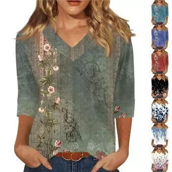 Женская модная повседневная свободная футболка с v-образным вырезом и рукавами 3/4 с принтом, женский топ L бежевый