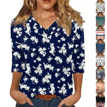 Женская модная повседневная свободная футболка с v-образным вырезом и рукавами 3/4 с принтом, женский топ M