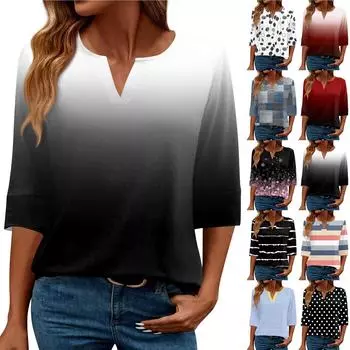 Женская модная повседневная свободная футболка с v-образным вырезом и рукавами 3/4 с принтом, женский топ XXL