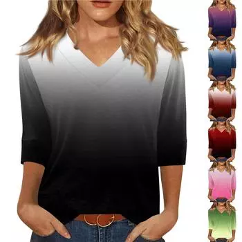 Женская модная повседневная свободная футболка с v-образным вырезом и рукавами 3/4 с принтом, женский топ L чёрный