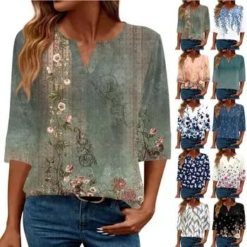 Женская модная повседневная свободная футболка с v-образным вырезом и рукавами 3/4 с принтом, женский топ L бежевый