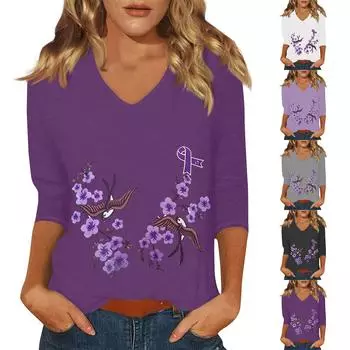 Женская модная повседневная свободная и удобная одежда, повседневная футболка с v-образным вырезом и рукавами 3/4 с принтом, топ L