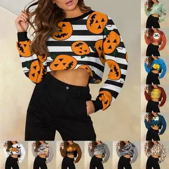 Женская модная повседневная свободная короткая толстовка с круглым вырезом и длинным рукавом с принтом на Хэллоуин XXL чёрный