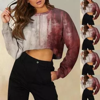 Женская модная повседневная свободная короткая толстовка с круглым вырезом и длинным рукавом с принтом на Хэллоуин S красный