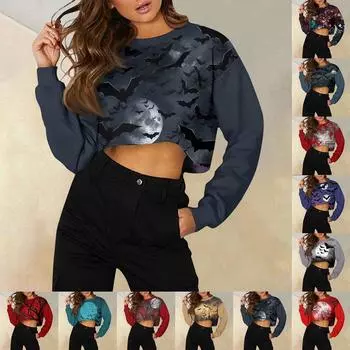 Женская модная повседневная свободная короткая толстовка с круглым вырезом и длинным рукавом с принтом на Хэллоуин XL
