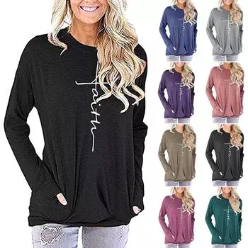 Женская модная повседневная свободная майка с круглым вырезом и принтом, блузка с длинным рукавом M чёрный