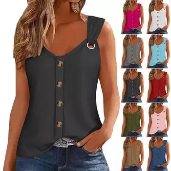 Женская модная повседневная свободная однотонная футболка без рукавов с V-образным вырезом на пуговицах L армия зеленый