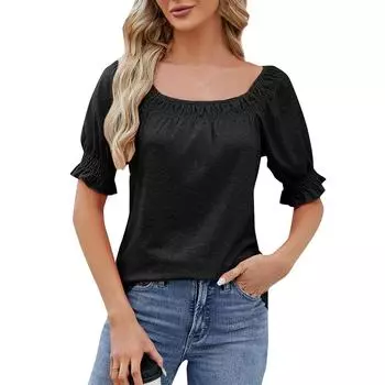 Женская модная повседневная свободная однотонная футболка с квадратным вырезом и короткими рукавами L чёрный