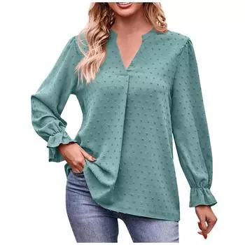 Женская модная повседневная свободная однотонная футболка с v-образным вырезом и рюшами с длинным рукавом XL