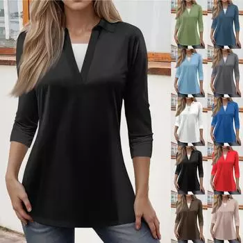 Женская модная повседневная свободная однотонная футболка с рукавом 3/4 с лацканами, женский топ L армия зеленый