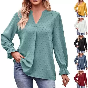 Женская модная повседневная свободная однотонная футболка с v-образным вырезом и рюшами с длинным рукавом L чёрный