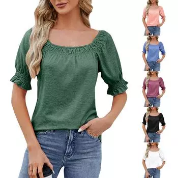 Женская модная повседневная свободная однотонная футболка с квадратным вырезом и короткими рукавами L чёрный