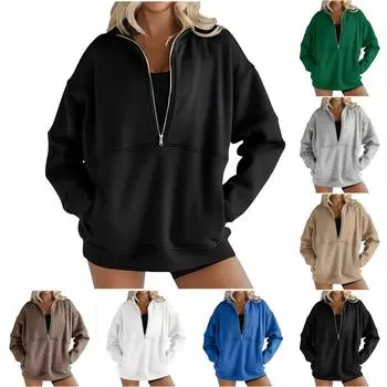 Женская модная повседневная свободная однотонная толстовка с длинным рукавом на молнии L чёрный