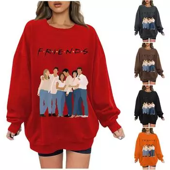 Женская модная повседневная свободная пуловерная рубашка с длинным рукавом с буквенным принтом и круглым вырезом S тёмно-синий