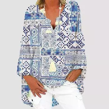 Женская модная повседневная свободная рубашка с v-образным вырезом и принтом больших размеров, блузка, топ L