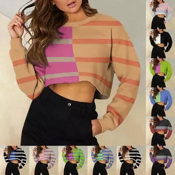 Женская модная повседневная свободная толстовка с круглым вырезом и длинным рукавом в полоску с принтом L синий