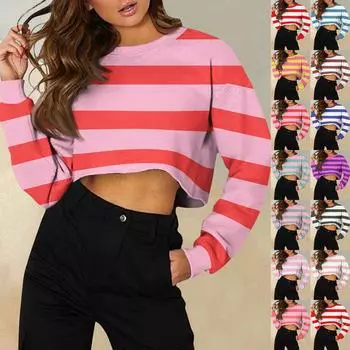 Женская модная повседневная свободная толстовка с круглым вырезом и длинным рукавом в полоску с принтом XXL