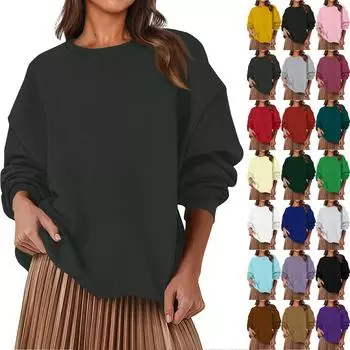 Женская модная повседневная свободная толстовка с круглым вырезом и длинным рукавом, однотонная L армия зеленый