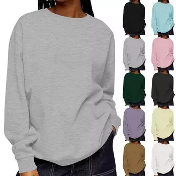 Женская модная повседневная свободная толстовка с круглым вырезом и длинным рукавом, однотонная L бежевый