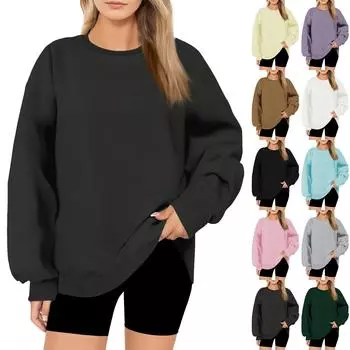 Женская модная повседневная свободная толстовка с круглым вырезом и длинным рукавом, однотонная L бежевый