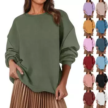 Женская модная повседневная свободная толстовка с круглым вырезом и длинным рукавом, однотонная L армия зеленый