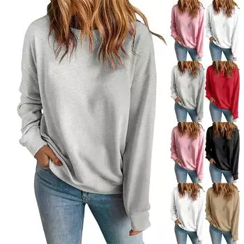 Женская модная повседневная свободная толстовка с круглым вырезом и длинным рукавом, однотонная S чёрный