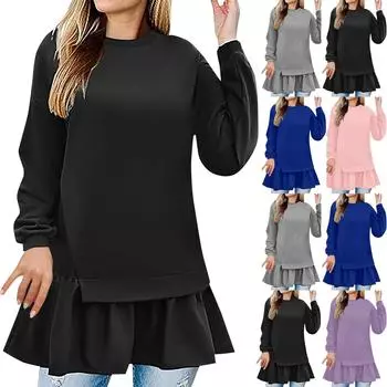 Женская модная повседневная свободная толстовка средней длины с длинными рукавами и оборками, однотонная L чёрный