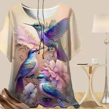 Женская модная повседневная свободная весенняя рубашка с коротким рукавом, топы с принтом перьев колибри и розы XS синий