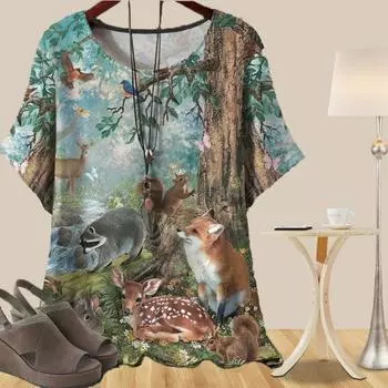 Женская модная повседневная свободная весенняя рубашка, женские топы с коротким рукавом и принтом в виде лесных животных и цветов XS жёлтый
