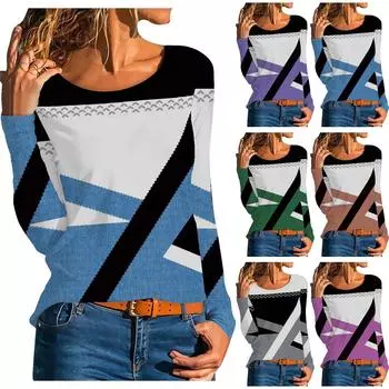 Женская модная повседневная темпераментная блузка с длинным рукавом в полоску с круглым вырезом и геометрическим принтом S синий