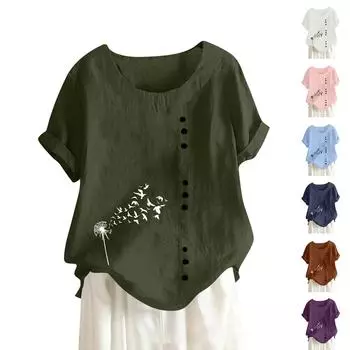 Женская модная повседневная темпераментная футболка с круглым вырезом, винтажная футболка из хлопка и конопли с короткими рукавами и пуговицами, топ L армия зеленый