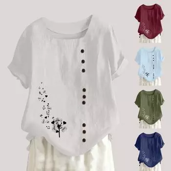 Женская модная повседневная темпераментная футболка с круглым вырезом, винтажная футболка из хлопка и конопли с короткими рукавами и пуговицами, топ L армия зеленый