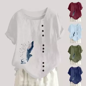 Женская модная повседневная темпераментная футболка с круглым вырезом, винтажная футболка из хлопка и конопли с короткими рукавами и пуговицами, топ L армия зеленый