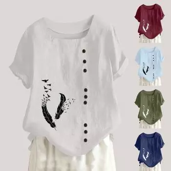 Женская модная повседневная темпераментная футболка с круглым вырезом, винтажная футболка из хлопка и конопли с короткими рукавами и пуговицами, топ L армия зеленый