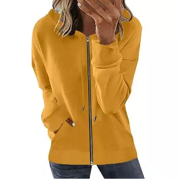 Женская модная повседневная толстовка осень и зима с длинным рукавом и карманом, кардиган, куртка с капюшоном на молнии, пальто S жёлтый