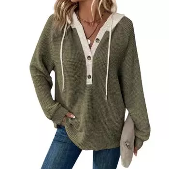 Женская модная повседневная толстовка с длинным рукавом и завязками на шнурке с капюшоном и V-образным вырезом L армия зеленый