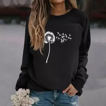 Женская модная повседневная толстовка с длинным рукавом и круглым вырезом с принтом L чёрный