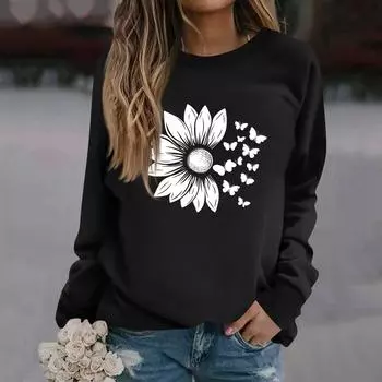 Женская модная повседневная толстовка с длинным рукавом и круглым вырезом с принтом S чёрный