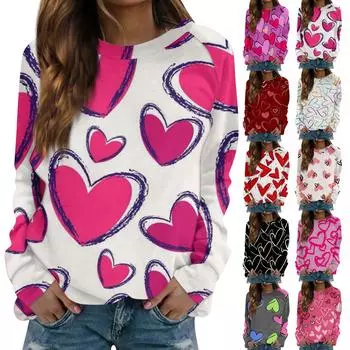 Женская модная повседневная толстовка с длинным рукавом и принтом на День святого Валентина и круглым вырезом XL