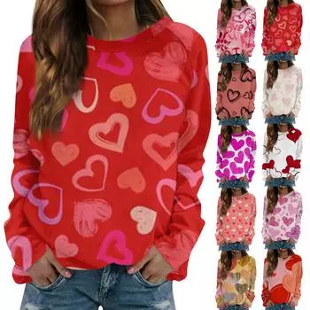 Женская модная повседневная толстовка с длинным рукавом и принтом на День святого Валентина и круглым вырезом XL бежевый