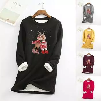 Женская модная повседневная толстовка с длинным рукавом с рождественским принтом, теплое нижнее белье, топ L красный