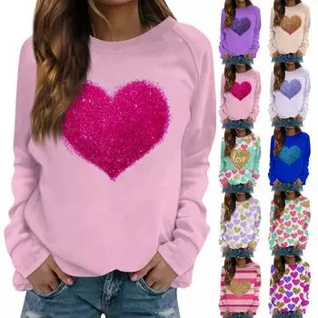 Женская модная повседневная толстовка с длинным рукавом и принтом на День святого Валентина и круглым вырезом XXL