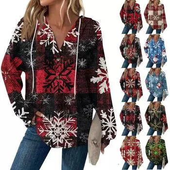 Женская модная повседневная толстовка с длинным рукавом, завязками на пуговицы, V-образным вырезом, капюшоном и рождественским принтом XXL синий