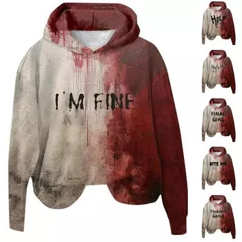 Женская модная повседневная толстовка с длинным рукавом и капюшоном с принтом на Хэллоуин M