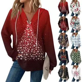 Женская модная повседневная толстовка с длинным рукавом, завязками на пуговицы, V-образным вырезом, капюшоном и рождественским принтом L винный